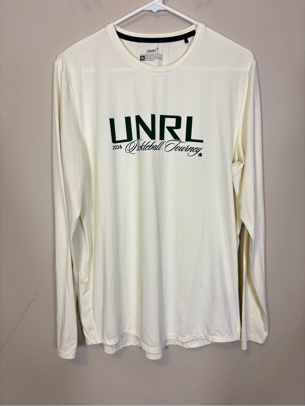 UNRL Long Sleeve Performance Tee - Cream with Dark Green Logo Men’s Medium